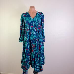 Nurture Floral Tiered Long Sleeve Midi Dress Blue Coastal Prairie Boho Sz PM NWT